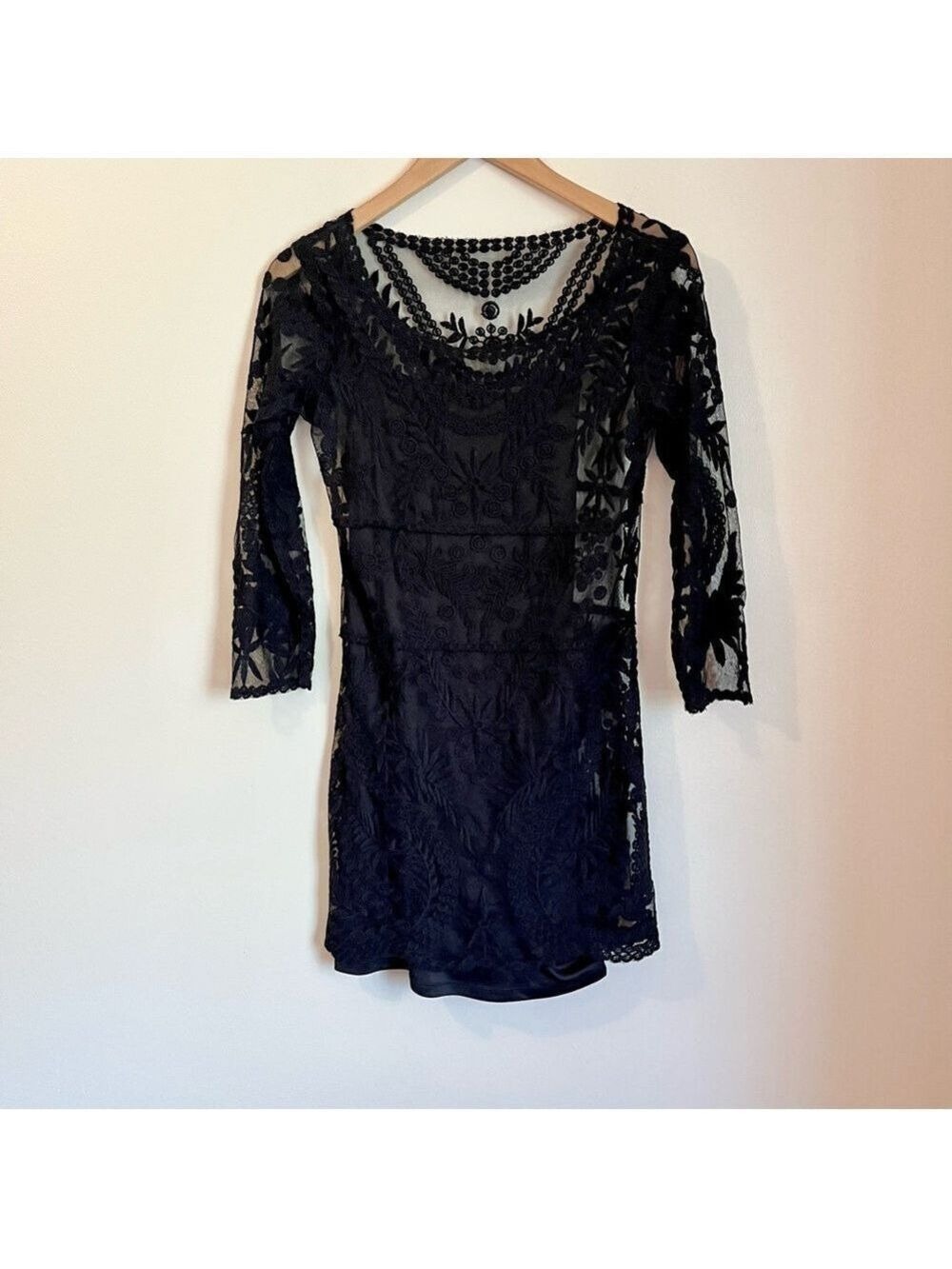 Y2K Black Lace Overlay Mini Dress Sheer Gothic Fairy Whimsigoth Slip Layer XS - Picture 2 of 9